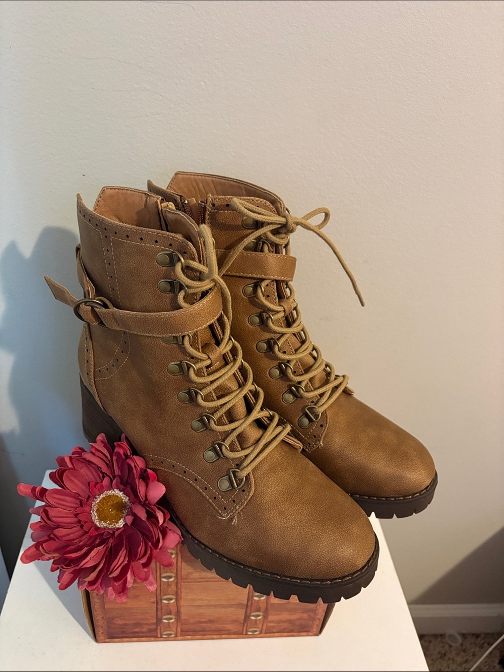 Very G Donatella Vegan leather Cognac Lace-Up Ankle Boots with Buckle Strap